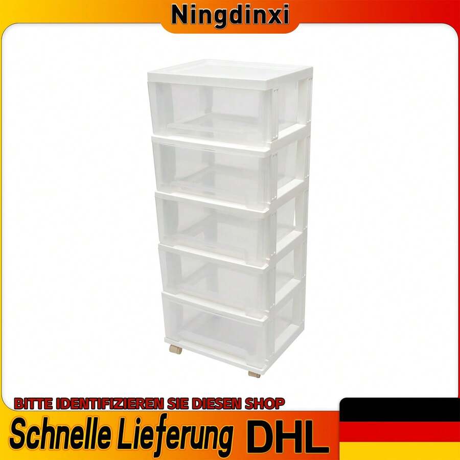 DONSU Weiße mobile Aufbewahrungstruhe mit 5 Schubladen und transparenten Fronten. A4-kompatibler, schlanker PP-Organizer mit Rollen und Schubladensperren - Weiss - Übersicht 1