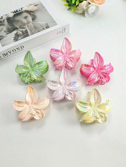 1个/3个/6个 花卉印花休闲PS（聚苯乙烯）多巴胺糖果色电镀炫彩百合花发爪夹，优雅女士夏季沙滩发饰发夹