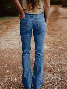 Women's Fashion Back Pocket Embroidered Flare Stretch Jeans - Medium Blue - 查看 1