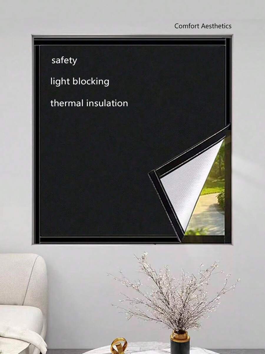 1pc Black Blackout Curtain With Hook And Loop, 2026 New Heat Insulation Sunscreen Curtain Fabric, Self-Adhesive No Drilling Required, Suitable For Room, Living Room, Kitchen And Multi-Function Blackout Cloth - Black - View 1