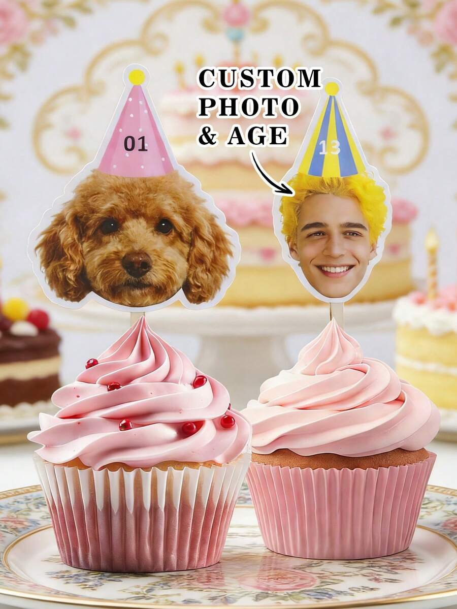 Custom Photo Cupcake Toppers, Birthday Cakes And Party Decor, Personalized Face And Age Cake Picks For Dessert Tables, Customized Celebration Cake Decorations For Family Moments And Friend Gatherings, Customizable Name And Number Design, Pet Picture - Style a - View 1