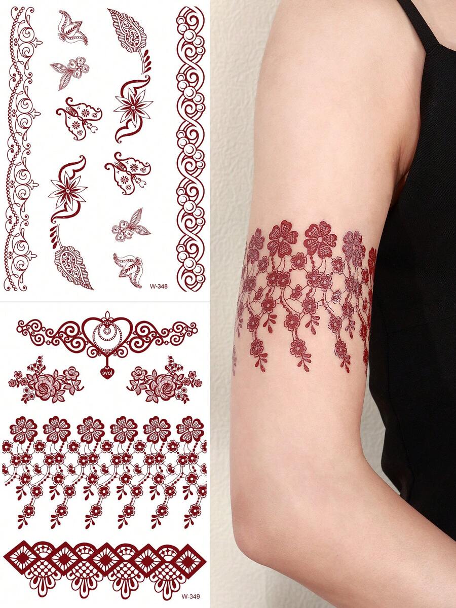 2 piezas de tatuajes temporales de henna roja con diseño de flor de anacardo floral - Tatuajes temporales de diseño de mehndi para fiestas y arte corporal de festivales