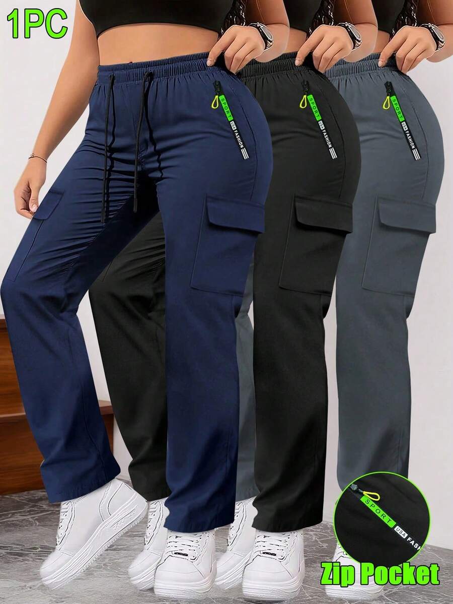 Hidkat Women's Spring/Autumn Zipper Pocket Cargo Pants, Fashionable Large Pocket Design, Drawstring Elastic Waist, Casual Outdoor/Daily Wear Slim Fit Trousers - 藍色 - 查看 1