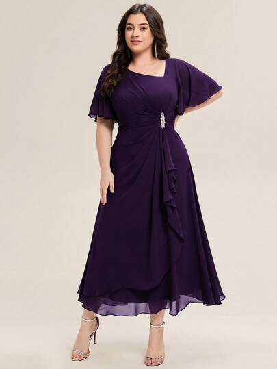 EVERPRETTY Plus Size Summer Elegant Chiffon Purple Bridesmaid Dress Diamond Bead Embellishments Wedding Guest Dress Soft Ruffled Irregular Ruffled Dress Suitable For Wedding Formal Dinners Occasions
