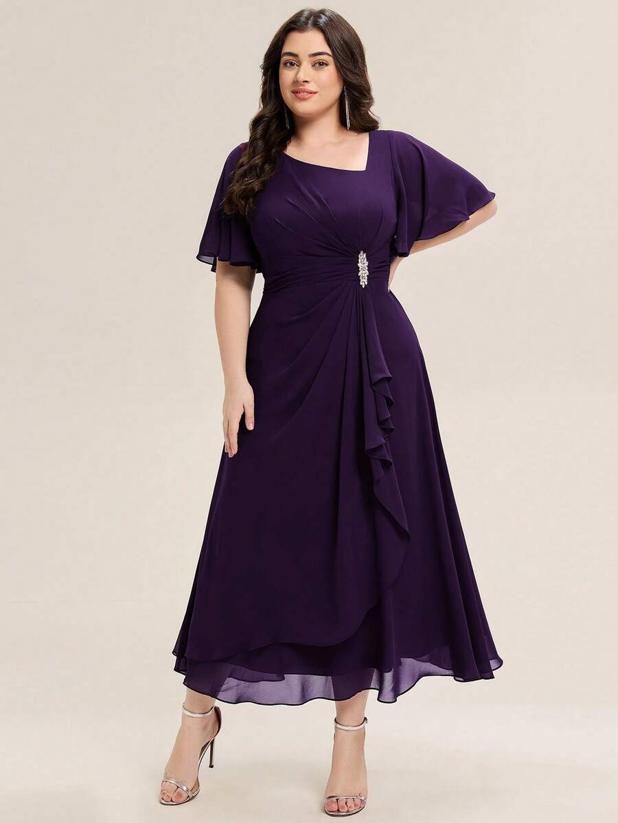 EVERPRETTY Gaun Bridesmaid Chiffon Ungu Elegan Ukuran Plus, Dekorasi Berlian, Hem Asimetris Berlipit Lembut, Cocok Untuk Pernikahan, Acara Malam Formal