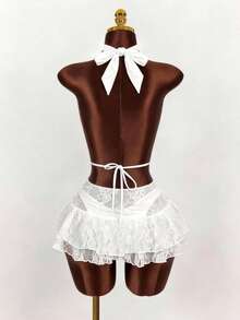 Conjunto de 3 piezas sexy y elegante para mujer: Conjunto de bikini de camisola de encaje con escote en V profundo, combinado con un vestido mini bohemio de unicolor con doble volante en el bajo, adecuado para vacaciones en la playa, fiestas de piscina, bodas y salidas diarias de verano - Blanco - Ver 2