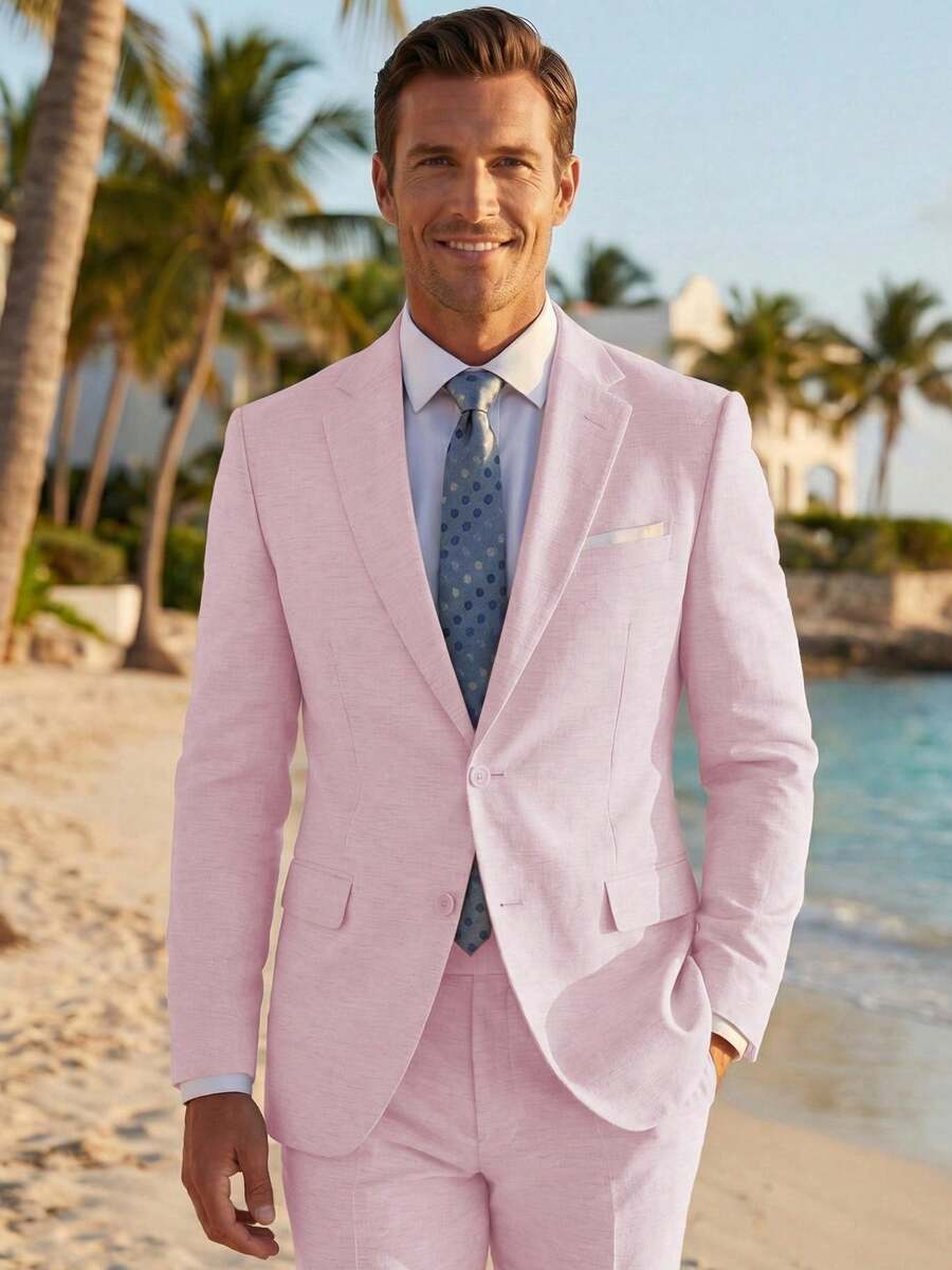 2pcs Men's 2 Piece Linen Suits For Men Slim Fit Casual Beach Wedding Summer Grooms Groomsmen Linen Blazer Pants Suit - 粉色 - 查看 1