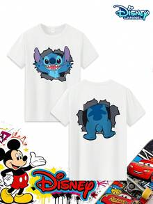 Camisetas de manga corta para niños en : Un nuevo estilo de verano para niños de 4 a 12 años con el tema divertido de Stitch de Disney rompiendo la pared. El frente muestra una gran cara sonriente de Stitch asomándose a través de una pared, mientras que la espalda presenta un diseño divertido de la Bottom de Stitch asomándose desde una pared. Esta camiseta de cuello redondo en color blanco puro con un ajuste holgado se combina fácilmente con pantalones cortos de mezclilla, pantalones cargo, pantalones cortos de playa o pantalones deportivos. Ideal para niños de 4 a 12 años para viajes a Disneyland, la escuela diaria, campamentos al aire libre, fiestas familiares, compras de fin de semana, picnics y talla grande. Está hecha de tela de alta calidad, suave, transpirable, absorbente del sudor, duradera y que mantiene la forma después del lavado. Disponible en una gama completa de tallas, el diseño divertido de Stitch rompiendo la pared es llamativo y crea un look de verano vibrante. Como u - Blanco - Ver 3
