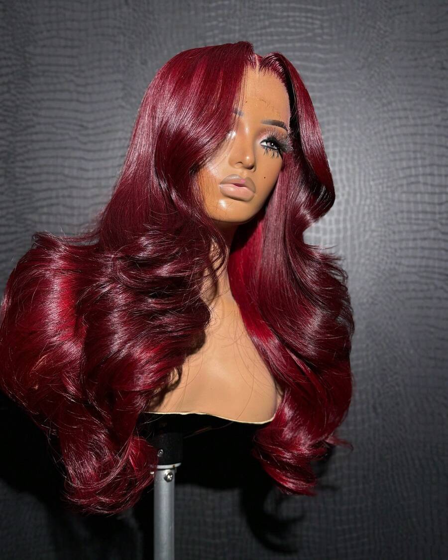 26 Inch 99J Burgundy Lace Front Wig Human Hair 13x4Transparent Lace Red 99J Colored Lace Front Wigs 99J Body Wave Lace Front Wigs Human Hair Pre Plucked Burgundy HD Lace Frontal Wig - S99J - 查看 1