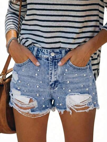 时尚珍珠装饰破洞牛仔短裤，女士款，无弹力，休闲直筒迷你短裤