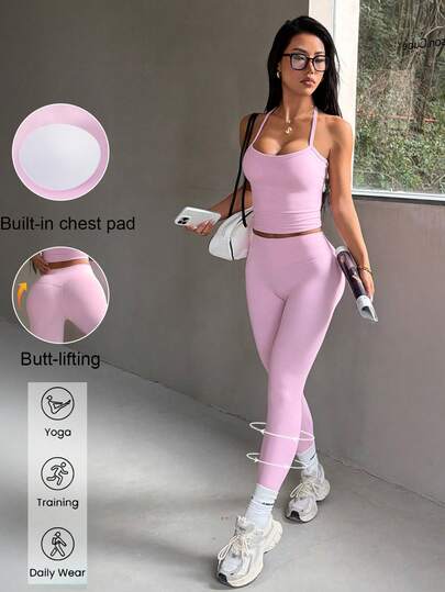 Aoqta Sports Ensemble deux pièces pour femmes, printemps/été, couleur unie, débardeur près du corps à encolure ras-du-cou et pantalon taille haute ajusté aux hanches, pour la gym, la course, le fitness, le yoga et la sortie