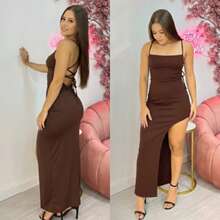 Vestido Marrom Suplex Longo Bodycon Maxi Festa Noite Sexy com Fenda Lateral - Marrom - Visão 5