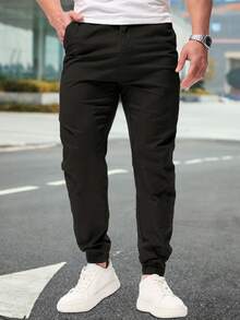 Shendy Vendy Pantalones Jogger Con Puños Y Cintura Elástica Con Cordón Y Bolsillos Inclinados Sueltos Para Hombre - Blanco y Negro - Ver 1