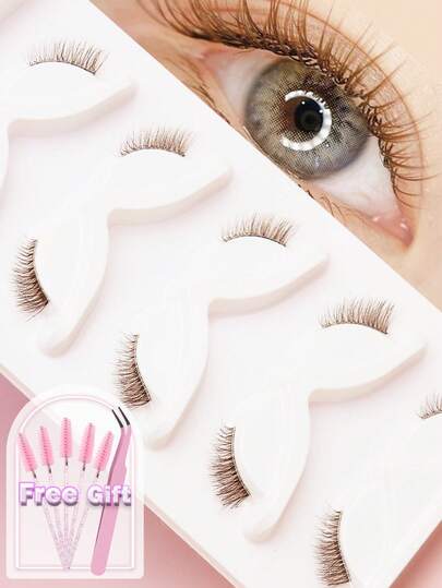 AYRMILLA 5对棕色半截睫毛，蓬松柔软的3D貂毛睫毛，纤长顺滑，适合日常工作会议佩戴。佩戴舒适。纯手工制作。翼形设计，纤长自然。睫毛根部完全透明。套装包含一把睫毛镊子和一把睫毛刷。