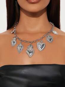1 Collar con colgante de cadena con forma de corazón retro para mujer, collar metálico exagerado, accesorio de estilo punk - Collar con colgante de múltiples corazones - View 6