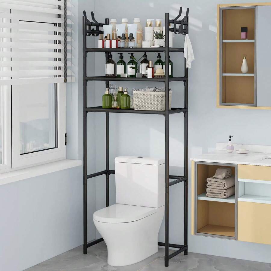 No-Drill Bathroom Toilet Shelf, Floor-Standing Storage Rack For Bathroom & Restroom, Universal Kitchen Storage Holder - 黑色 - 查看 1