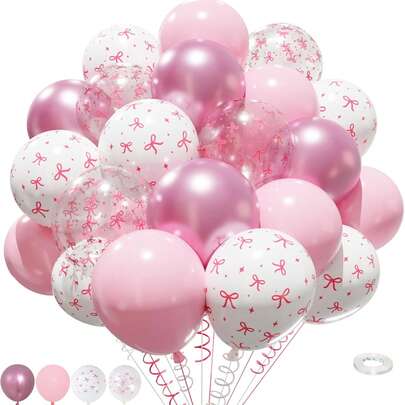 50/15pcs Pink Bow Balloon Set, Metallic, Pastel, Pink, White, Transparent Bow Print Balloons Kit For Girl's Glamorous Birthday, Baby Shower, Women's Birthday, Bachelorette Party, Bride, Baby Shower, Wedding Anniversary Decoration