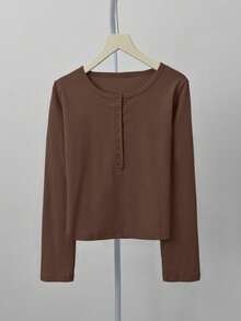 Áo thun dài tay cổ chữ V gợi cảm, áo croptop tối giản mặc trong, thích hợp cho mùa xuân. - màu nâu - Xem 6