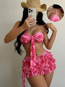 2026春夏新款粉色碎花泳装，甜美可爱抹胸三件套，网纱裙装，约会、派对的完美之选，吸睛泳装度假必备 - 玫紅色 - 查看 3