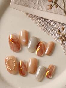 10pcs Gold Circle Cat Eye White & Brown Halo Nail Stickers Set, Includes 1pc Adhesive Sticker And 1pc Mini Nail File - Multicolor - View 1