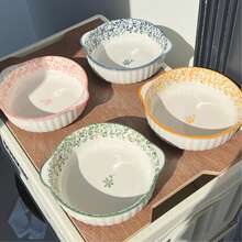 Bộ 1/4 bát gốm hai tai, họa tiết hoa, đĩa gốm dung tích lớn, bát đựng súp, bát đựng salad, bát đựng mì, dùng được trong lò nướng và lò vi sóng, đựng trái cây, mì ống, thích hợp cho tụ tập, lẩu, dã ngoại, tiệc nướng, đồ dùng nhà bếp - Nhiều màu - Xem 13