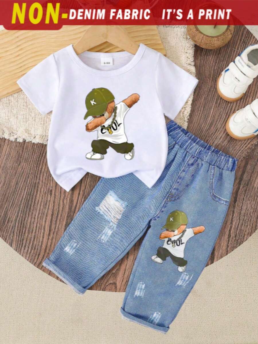 Baby Boy Casual Cute Comfortable Bear Print Short Sleeve Top And Print Pants Set, Lightweight For Summer - Multicolor - View 1