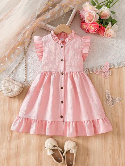 Summer Young Girls Sweet Dress, Stand Collar With Ruffle Trim, Pink Butterfly Jacquard, Button Front Closure, Casual Fashionable Elegant Girls Dress, Suitable For Daily Outdoor Activities