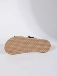 Sandalias de verano para mujer con suela tejida de paja, estilo ligero de vacaciones, sandalias planas suaves y cómodas a rayas beige - Negro - Ver 9