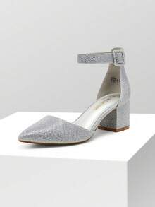 Women Pointed Toe Low Chunky Heels Pumps Ankle Strap Elegant Versatile Simple Shoes - 銀色 - 查看 1