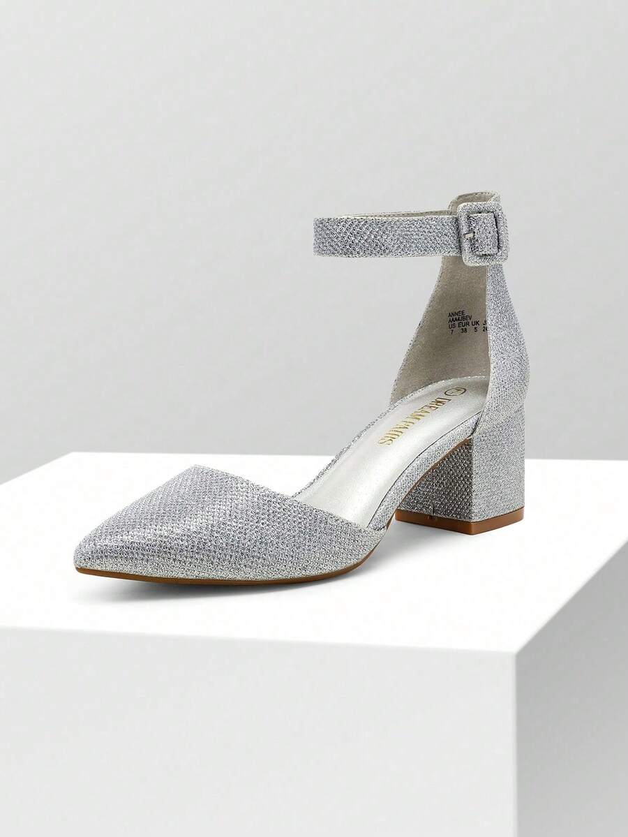 Women Pointed Toe Low Chunky Heels Pumps Ankle Strap Elegant Versatile Simple Shoes - 銀色 - 查看 1