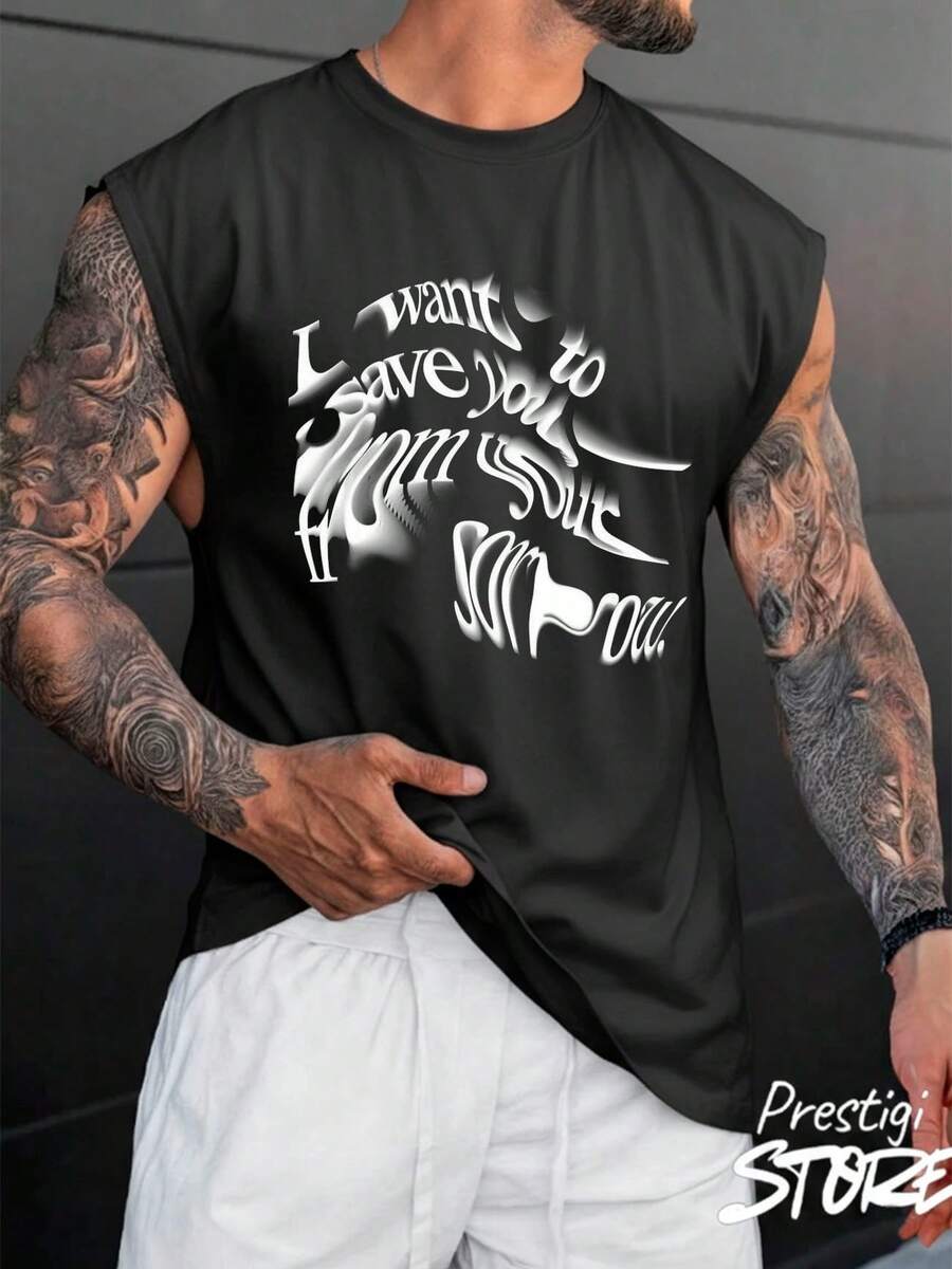 Men's Tank Top To Save You 100% Cotton Crew Neck Comfortable Streetwear Casual Summer Breathable Gym Fitness - 黑色 - 查看 1