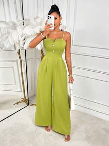 AIJ Amarilo Women's Lime Green Elegant Spaghetti Strap V Neck Button Front Wide Leg Jumpsuit For Summer Vacation Casual - Yellow Green - View 5