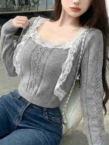 Spring/Summer New Sexy Lace Trim Knit Cardigan Jacket, Button-Up Women's Hollow Out Camisole Two Pieces Knit Sweater Set, Suitable For Valentine's Day, Outing, Home, Commute, Date - Grey - View 5
