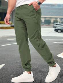 Shendy Vendy Pantalones Jogger Con Puños Y Cintura Elástica Con Cordón Y Bolsillos Inclinados Sueltos Para Hombre - Verde militar - Ver 3