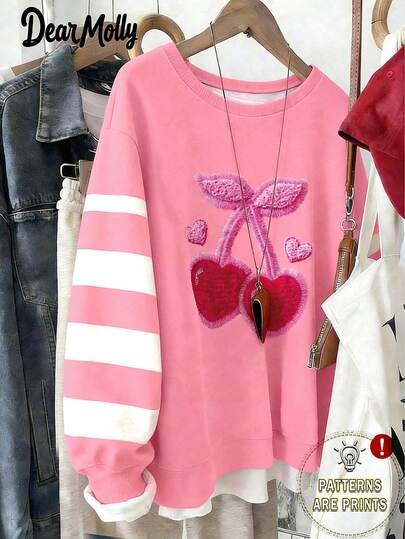 DEAR MOLLY Heart & Cherry Contrast Print Women Crew Neck Sweatshirt, Comfortable Loose Pullover Sweatshirt For Casual Daily Wear