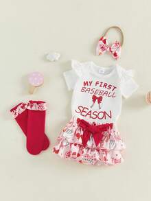 0-12Months Baby Girl My First Baseball Season Outfit Set, Ruffle Sleeve  + Ruffle Bloomers + Headband + Socks, Newborn Infant Sports Clothes - 白色 - 查看 9