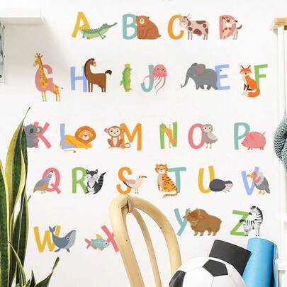 Animal Alphabet Kids Wall Decals - Peel & Stick Educational Stickers With Glittery Animal Letters, Vinyl Wallpaper Nursery Kids Bedroom Living Room Daycare Classroom- Playroom Decor, Animal A-Z