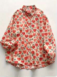 Women's Heart & Strawberry Print Button-Down Long Sleeve Shirt, Casual And Lovely For Outings - Multicolor - View 4