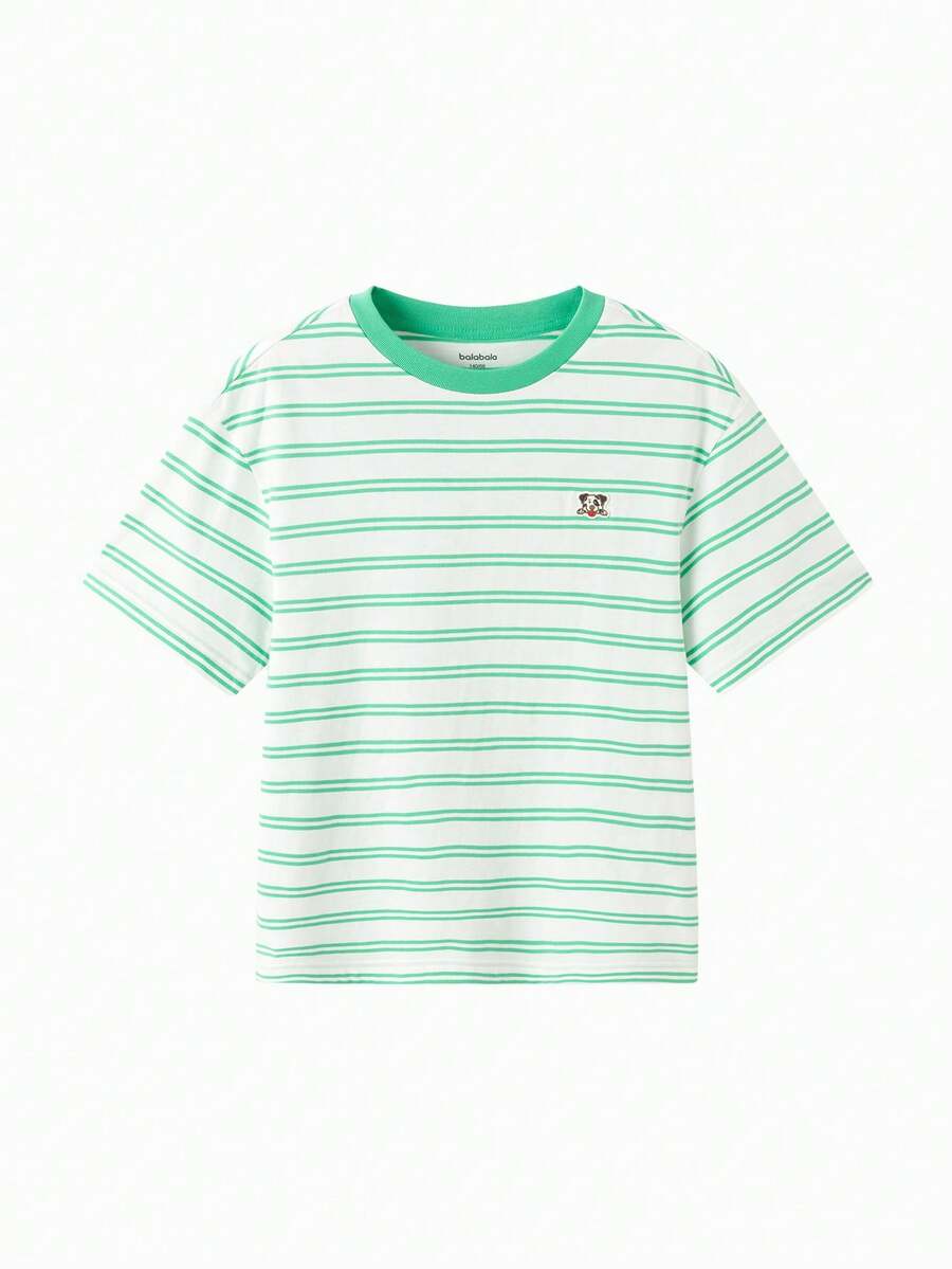 Balabala Kids Short Sleeve T-Shirt, Boys & Girls, Striped Quick-Dry Fabric, Family Matching Summer Top - White Green Tone - View 1