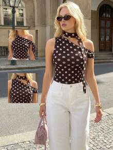 女士时尚棕色波点单肩上衣，侧系带无袖衬衫，复古修身款，2026春夏新款 - 棕色 - 查看 3