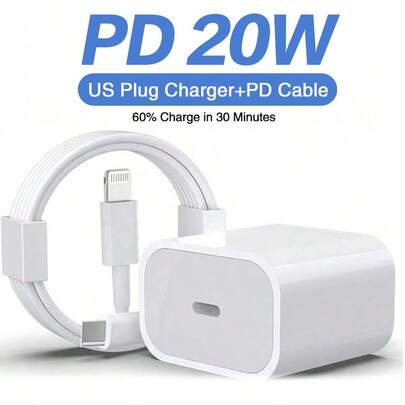 20W PD USB-C 墙充套装，包含 100cm/200cm 快速充电线、串联电源适配器、20W 快速充电插头 + 200cm/100cm 高效快速充电数据线，兼容 14 Pro Max/14 Pro/14 Plus/14/13/12/11 系列，适合旅行、办公、宿舍和家庭使用。