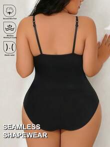 Mono sin costuras acanalado de talla grande, mono moldeador de mujer con tirantes ajustables, cuello redondo y espalda descubierta - Negro - Ver 3