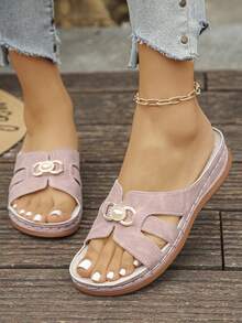 Damen Sandalen in Große Größen, Sommer Neue Mode Lässig Weinrot & Schwarz Patchwork Runde Zehenkappe Plateau Dicke Sohle Slip-On, Komfortabel für Alltag/Strand - Rosa gefrostet - Übersicht 5