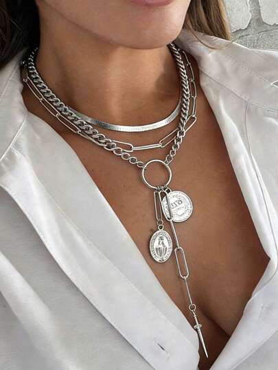 3pcs Fashionable Punk Casual Exaggerated & Coin Layered Necklace, Suitable For Dating, Vacation, Daily Commute, Party, Anniversary, Holiday Gift For Women