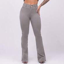 Calça Jeans Feminina Flare Pantalona Cinza Jeans Premium Cos Alto Empina Bumbum  Boca de Sino Com Elastano - CINZA - Visão 3