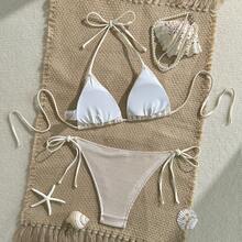 SWEET SECRET Women's Triangle Bikini With Neck Tie, Low-Cut Adjustable Bottoms, Wrinkled Texture, Solid Color, Sexy Swimsuit For Summer Beach - 白色 - 查看 5