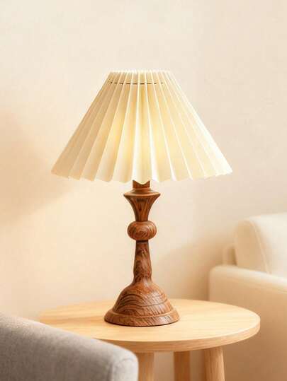 1pc LED Wooden Grain Metal Desk Lamp, Retro Fabric Pleated Lampshade Soft Light, Nordic, Italian Style, Rustic Living Room Bedroom Modern Minimalist Reading Study Desk Personalized Creative Minimalist, Warm Light Decor Multi-Purpose Warm Light Camping Romantic Elegant Atmosphere Bedside Nightlight