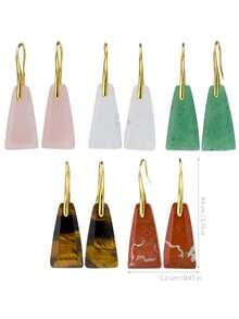 Geometric Natural Stone Earrings, Fashionable Trapezoid Shaped Rose Quartz, Green Aventurine & Tiger's Eye Dangle Earrings, Gold-Plated Elegant Jewelry - Multicolor - View 7