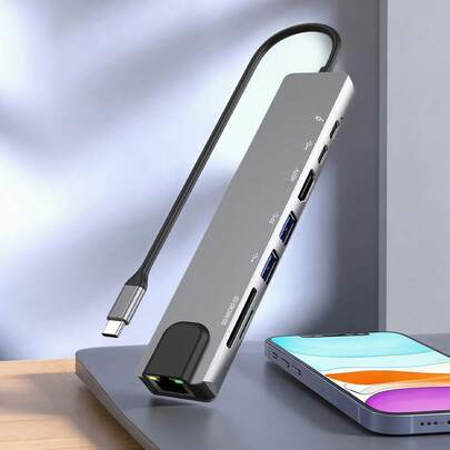 8 合 1 Type-C 铝合金多功能底座，带以太网端口、读卡器 USB、HUB
