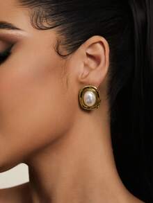 1pair European & American INS Celebrity Elegant Oval Shape Natural Stone Stainless Steel Earrings, Suitable For Autumn/Winter - Gold - View 5